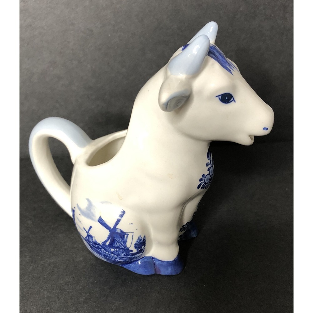 Elesva Delft Blue Cow Creamer Hand Painted Ceramic Holland Seated Windmill